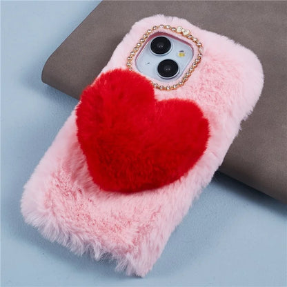 For iPhone 15 Plus Case Fluffy Plush + TPU Love Heart Design Phone Back Cover