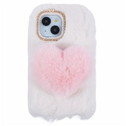 For iPhone 15 Plus Case Fluffy Plush + TPU Love Heart Design Phone Back Cover