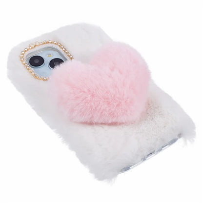 For iPhone 15 Plus Case Fluffy Plush + TPU Love Heart Design Phone Back Cover