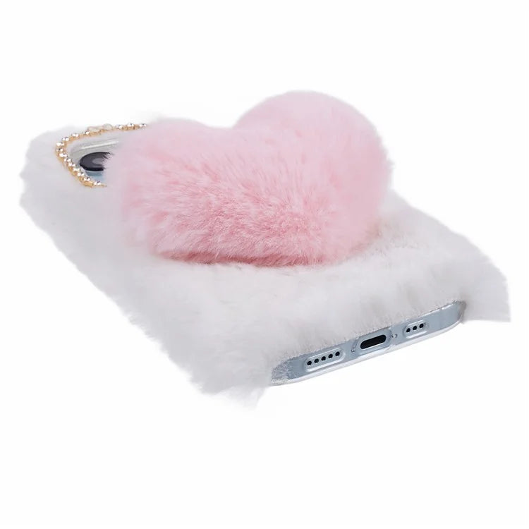 For iPhone 15 Plus Case Fluffy Plush + TPU Love Heart Design Phone Back Cover