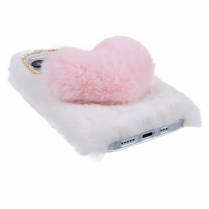 For iPhone 15 Plus Case Fluffy Plush + TPU Love Heart Design Phone Back Cover