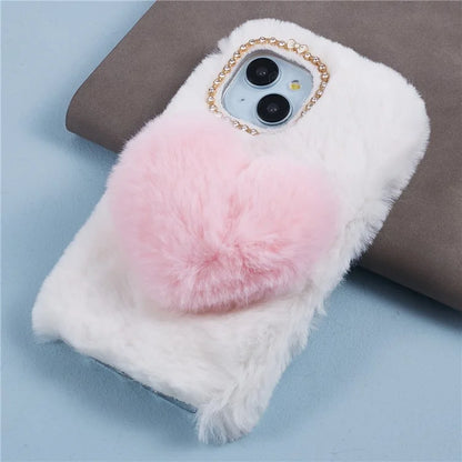 For iPhone 15 Plus Case Fluffy Plush + TPU Love Heart Design Phone Back Cover