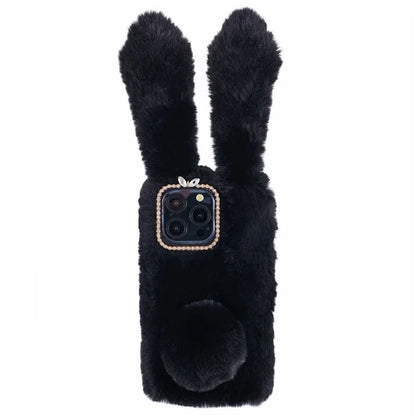 For iPhone 15 Pro Fluffy 3D Bunny Ears Cover Winter Warm Soft TPU Phone Case