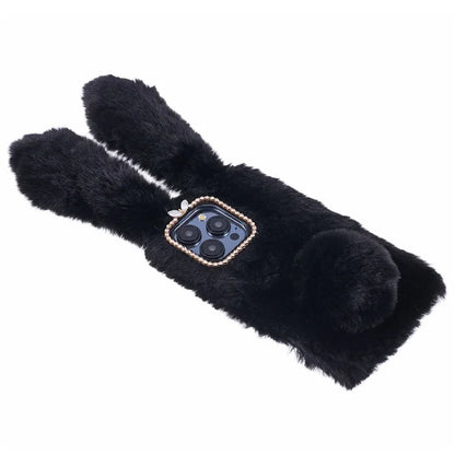 For iPhone 15 Pro Fluffy 3D Bunny Ears Cover Winter Warm Soft TPU Phone Case