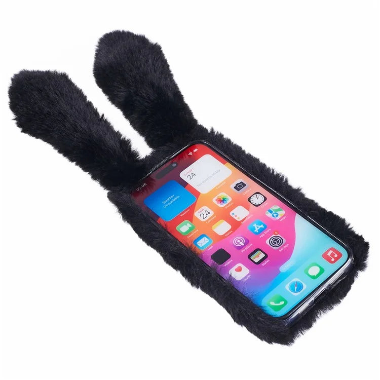 For iPhone 15 Pro Fluffy 3D Bunny Ears Cover Winter Warm Soft TPU Phone Case