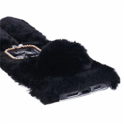 For iPhone 15 Pro Fluffy 3D Bunny Ears Cover Winter Warm Soft TPU Phone Case