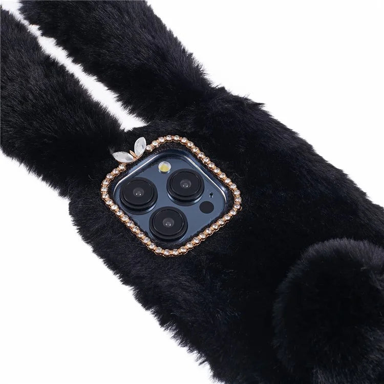 For iPhone 15 Pro Fluffy 3D Bunny Ears Cover Winter Warm Soft TPU Phone Case