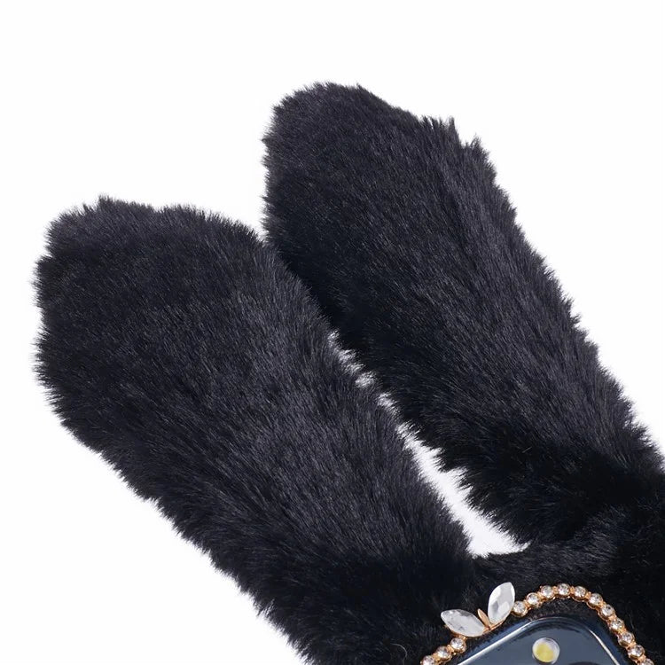 For iPhone 15 Pro Fluffy 3D Bunny Ears Cover Winter Warm Soft TPU Phone Case