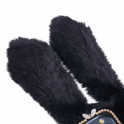 For iPhone 15 Pro Fluffy 3D Bunny Ears Cover Winter Warm Soft TPU Phone Case