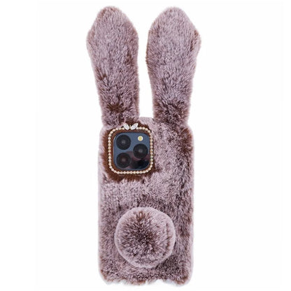 For iPhone 15 Pro Fluffy 3D Bunny Ears Cover Winter Warm Soft TPU Phone Case