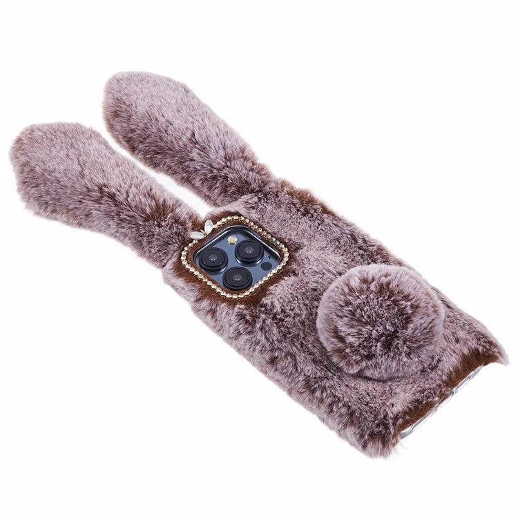 For iPhone 15 Pro Fluffy 3D Bunny Ears Cover Winter Warm Soft TPU Phone Case