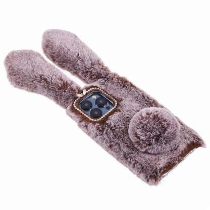 For iPhone 15 Pro Fluffy 3D Bunny Ears Cover Winter Warm Soft TPU Phone Case