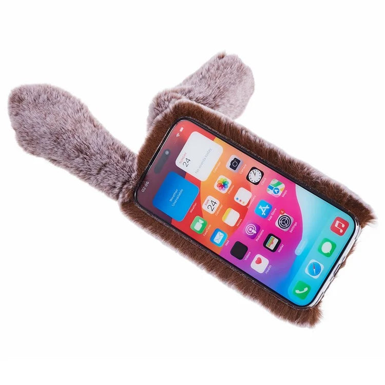 For iPhone 15 Pro Fluffy 3D Bunny Ears Cover Winter Warm Soft TPU Phone Case