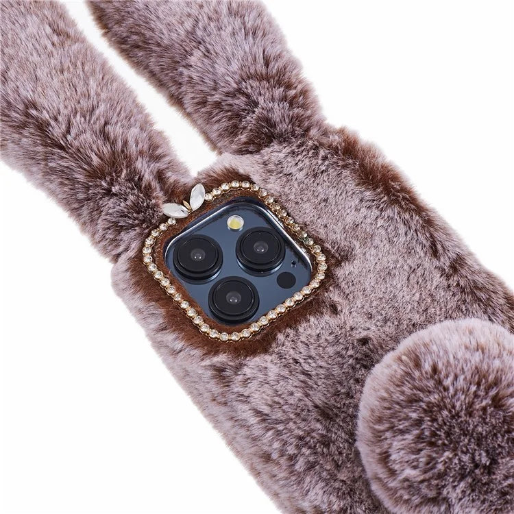 For iPhone 15 Pro Fluffy 3D Bunny Ears Cover Winter Warm Soft TPU Phone Case