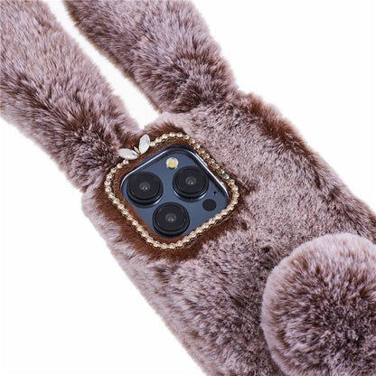 For iPhone 15 Pro Fluffy 3D Bunny Ears Cover Winter Warm Soft TPU Phone Case
