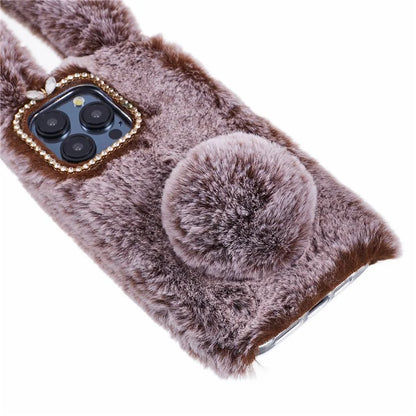 For iPhone 15 Pro Fluffy 3D Bunny Ears Cover Winter Warm Soft TPU Phone Case