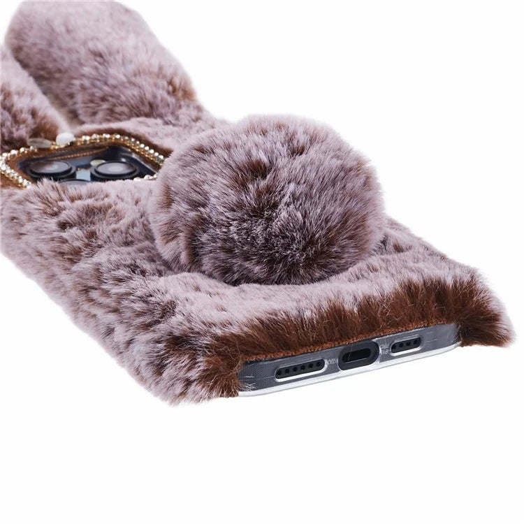 For iPhone 15 Pro Fluffy 3D Bunny Ears Cover Winter Warm Soft TPU Phone Case