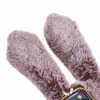 For iPhone 15 Pro Fluffy 3D Bunny Ears Cover Winter Warm Soft TPU Phone Case