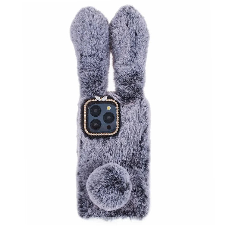 For iPhone 15 Pro Fluffy 3D Bunny Ears Cover Winter Warm Soft TPU Phone Case