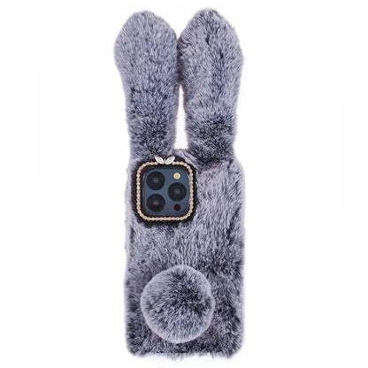 For iPhone 15 Pro Fluffy 3D Bunny Ears Cover Winter Warm Soft TPU Phone Case