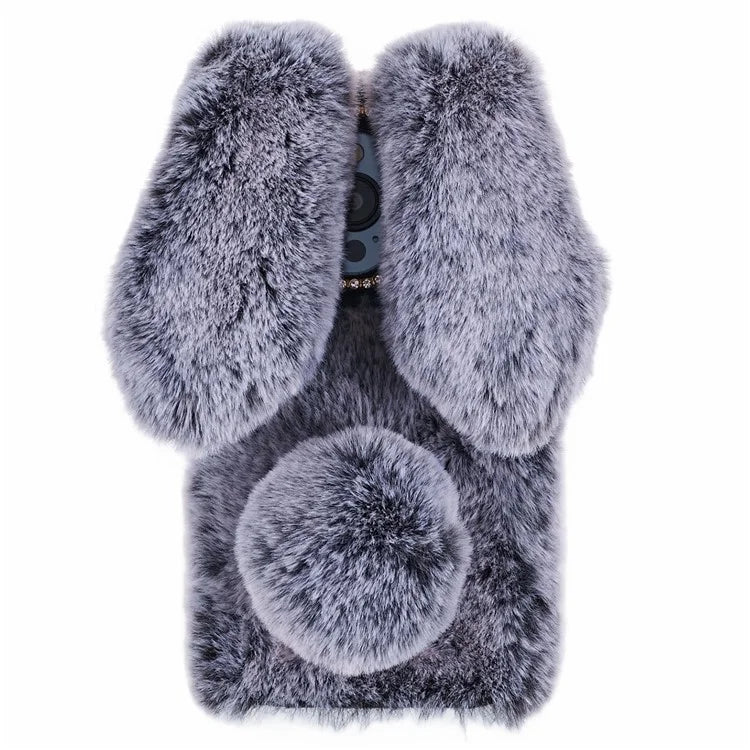 For iPhone 15 Pro Fluffy 3D Bunny Ears Cover Winter Warm Soft TPU Phone Case