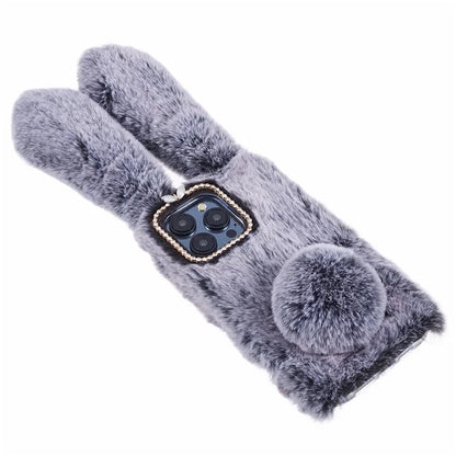 For iPhone 15 Pro Fluffy 3D Bunny Ears Cover Winter Warm Soft TPU Phone Case