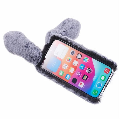 For iPhone 15 Pro Fluffy 3D Bunny Ears Cover Winter Warm Soft TPU Phone Case