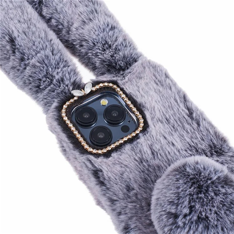 For iPhone 15 Pro Fluffy 3D Bunny Ears Cover Winter Warm Soft TPU Phone Case