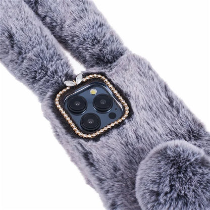 For iPhone 15 Pro Fluffy 3D Bunny Ears Cover Winter Warm Soft TPU Phone Case
