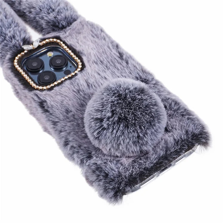 For iPhone 15 Pro Fluffy 3D Bunny Ears Cover Winter Warm Soft TPU Phone Case