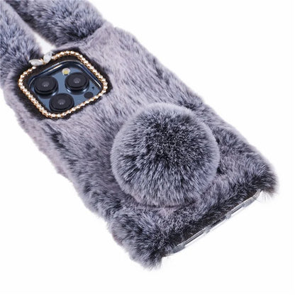 For iPhone 15 Pro Fluffy 3D Bunny Ears Cover Winter Warm Soft TPU Phone Case
