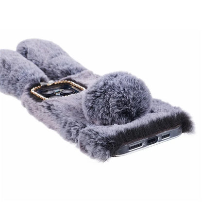 For iPhone 15 Pro Fluffy 3D Bunny Ears Cover Winter Warm Soft TPU Phone Case