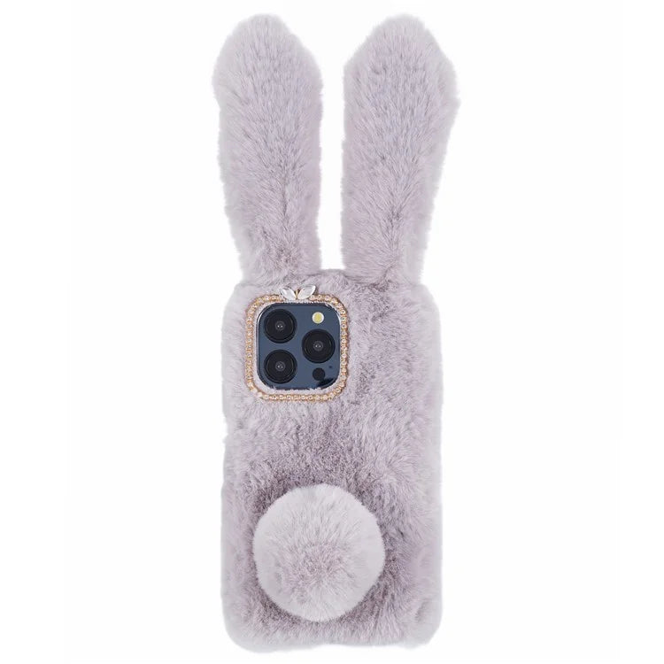 For iPhone 15 Pro Fluffy 3D Bunny Ears Cover Winter Warm Soft TPU Phone Case