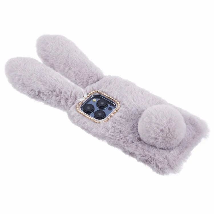 For iPhone 15 Pro Fluffy 3D Bunny Ears Cover Winter Warm Soft TPU Phone Case
