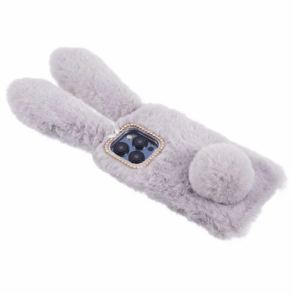 For iPhone 15 Pro Fluffy 3D Bunny Ears Cover Winter Warm Soft TPU Phone Case