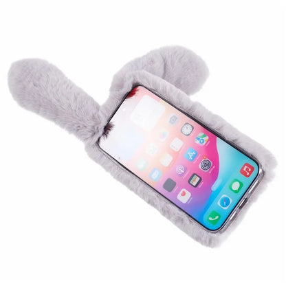 For iPhone 15 Pro Fluffy 3D Bunny Ears Cover Winter Warm Soft TPU Phone Case
