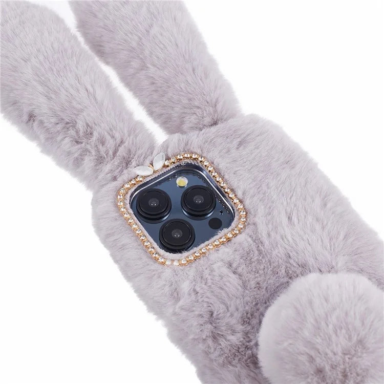 For iPhone 15 Pro Fluffy 3D Bunny Ears Cover Winter Warm Soft TPU Phone Case