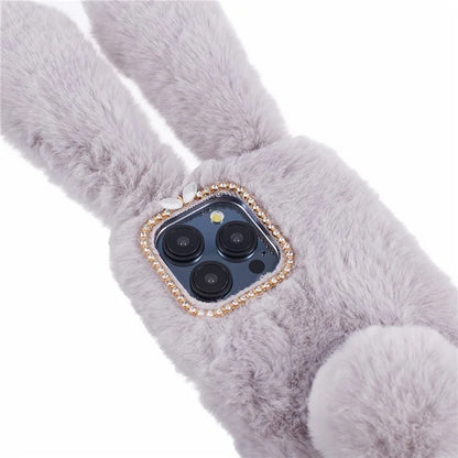 For iPhone 15 Pro Fluffy 3D Bunny Ears Cover Winter Warm Soft TPU Phone Case