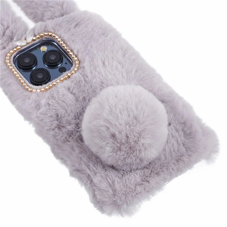For iPhone 15 Pro Fluffy 3D Bunny Ears Cover Winter Warm Soft TPU Phone Case