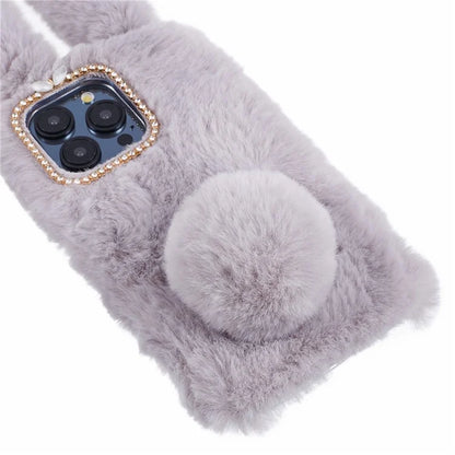 For iPhone 15 Pro Fluffy 3D Bunny Ears Cover Winter Warm Soft TPU Phone Case