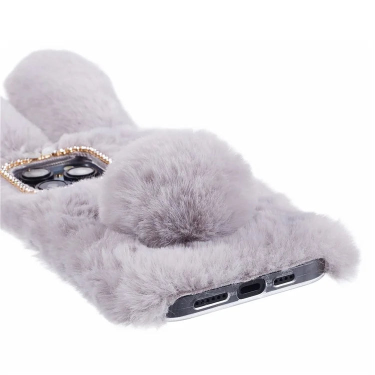 For iPhone 15 Pro Fluffy 3D Bunny Ears Cover Winter Warm Soft TPU Phone Case