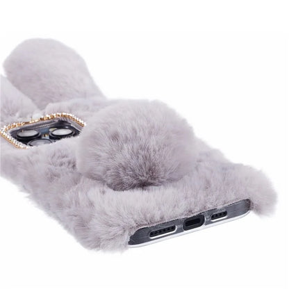For iPhone 15 Pro Fluffy 3D Bunny Ears Cover Winter Warm Soft TPU Phone Case
