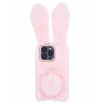 For iPhone 15 Pro Fluffy 3D Bunny Ears Cover Winter Warm Soft TPU Phone Case