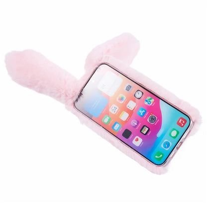 For iPhone 15 Pro Fluffy 3D Bunny Ears Cover Winter Warm Soft TPU Phone Case