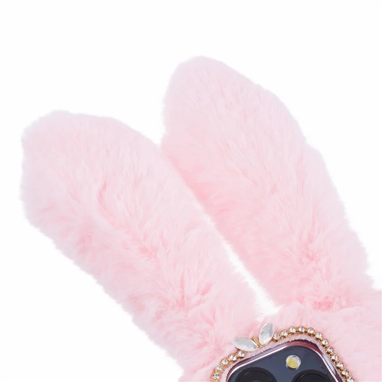 For iPhone 15 Pro Fluffy 3D Bunny Ears Cover Winter Warm Soft TPU Phone Case