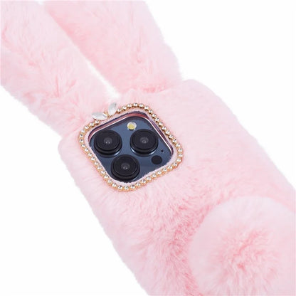 For iPhone 15 Pro Fluffy 3D Bunny Ears Cover Winter Warm Soft TPU Phone Case