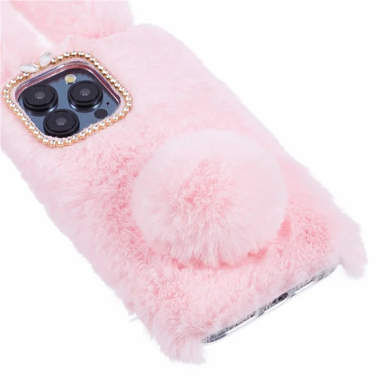 For iPhone 15 Pro Fluffy 3D Bunny Ears Cover Winter Warm Soft TPU Phone Case