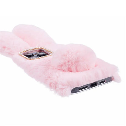For iPhone 15 Pro Fluffy 3D Bunny Ears Cover Winter Warm Soft TPU Phone Case