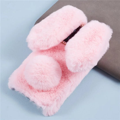 For iPhone 15 Pro Fluffy 3D Bunny Ears Cover Winter Warm Soft TPU Phone Case