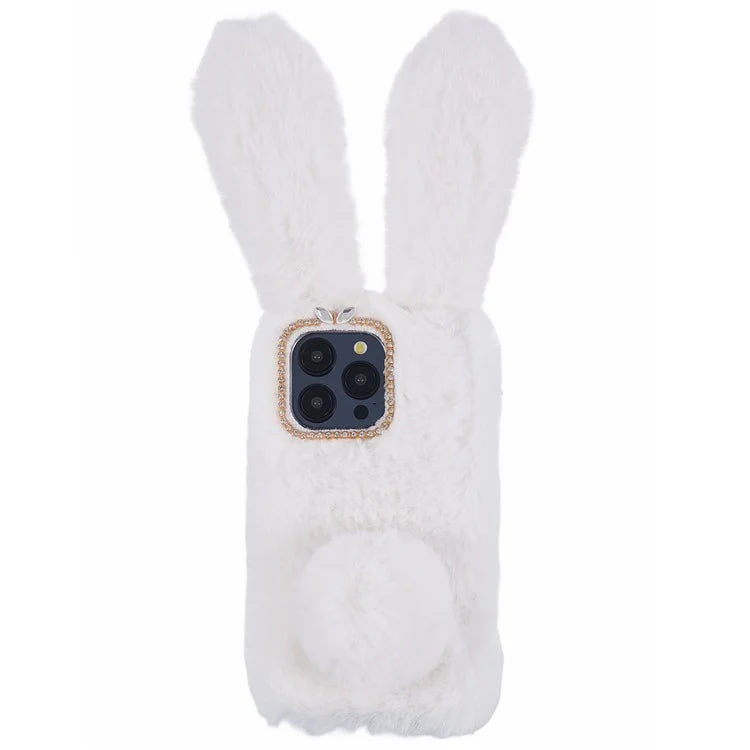 For iPhone 15 Pro Fluffy 3D Bunny Ears Cover Winter Warm Soft TPU Phone Case